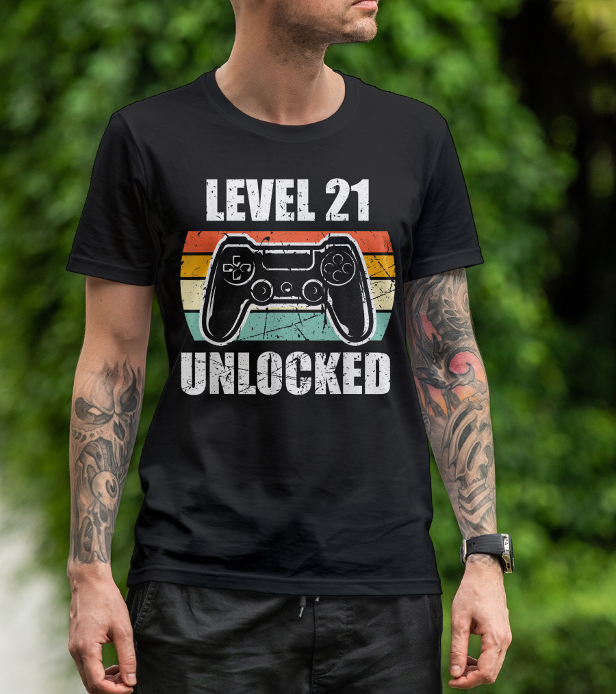 Level 21 Unlocked Vintage Gaming Controller 21st Birthday Gamer T-Shirt