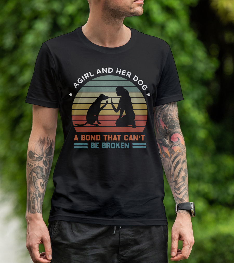 A Girl And Her Dog A Bond That Can't Be Broken Vintage Dog Silhouette Retro Stripes T-Shirt