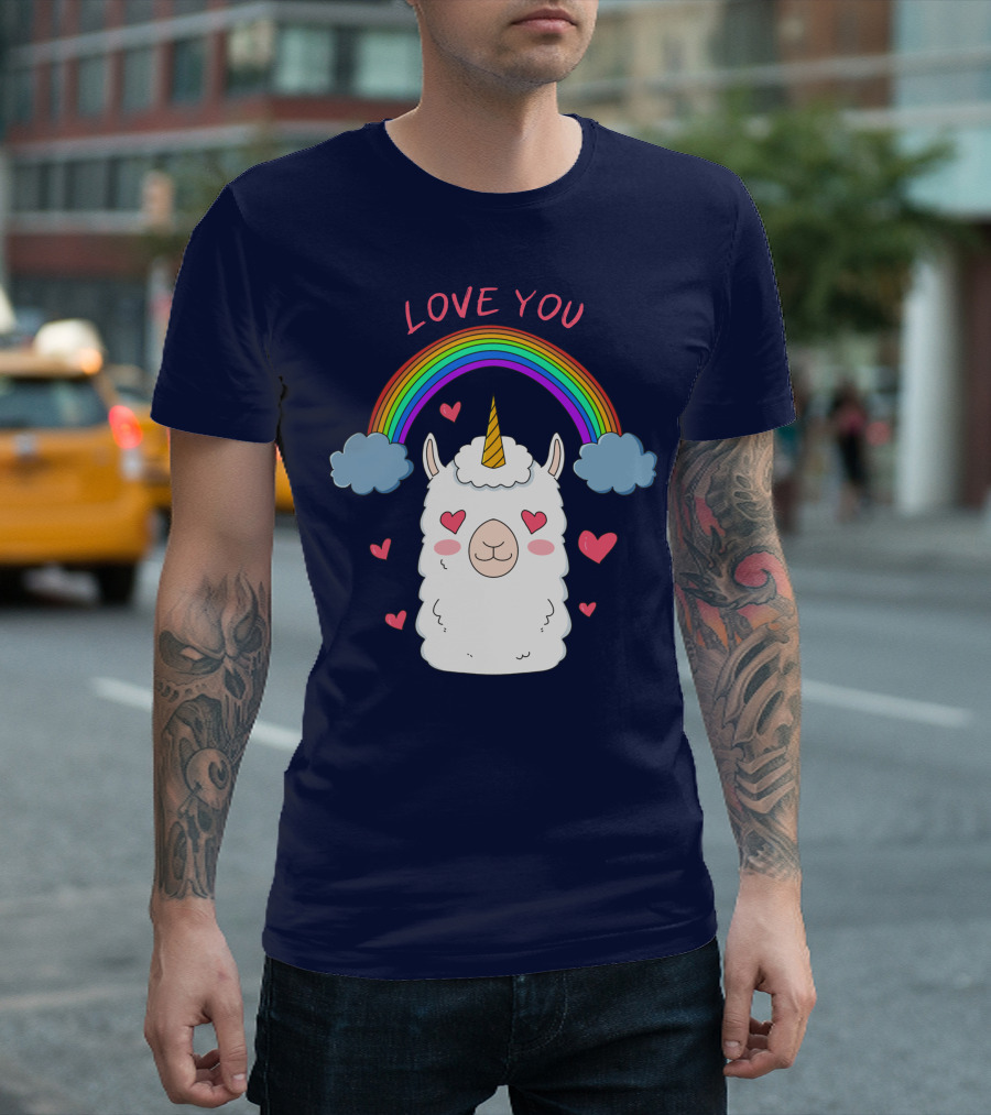 Love You Alpaca Unicorn Rainbow Cloud Hearts T-Shirt
