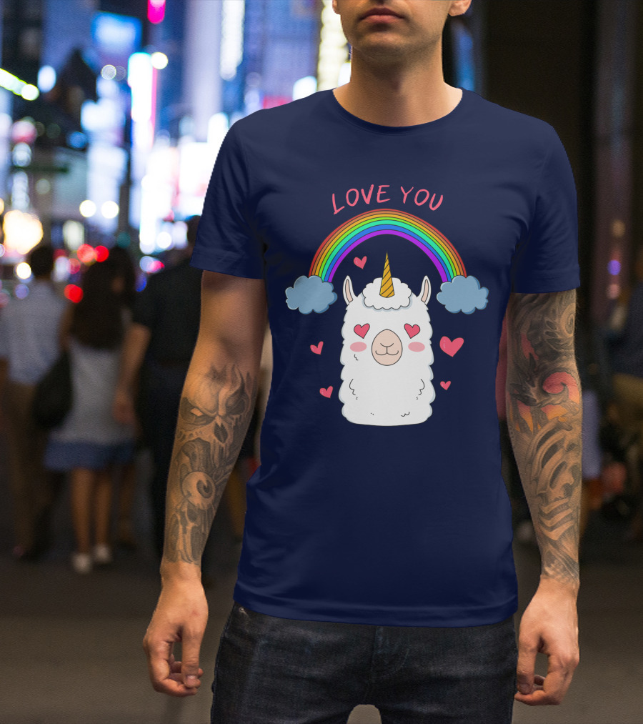 Love You Alpaca Unicorn Rainbow Cloud Hearts T-Shirt