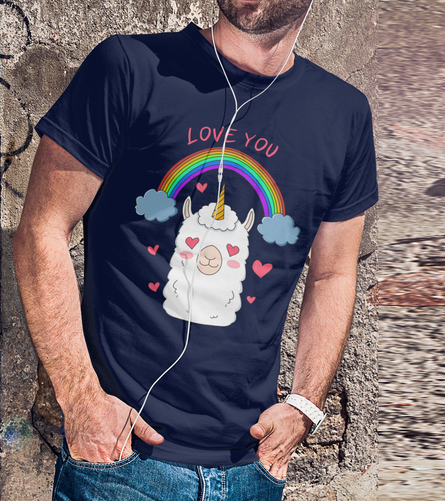 Love You Alpaca Unicorn Rainbow Cloud Hearts T-Shirt