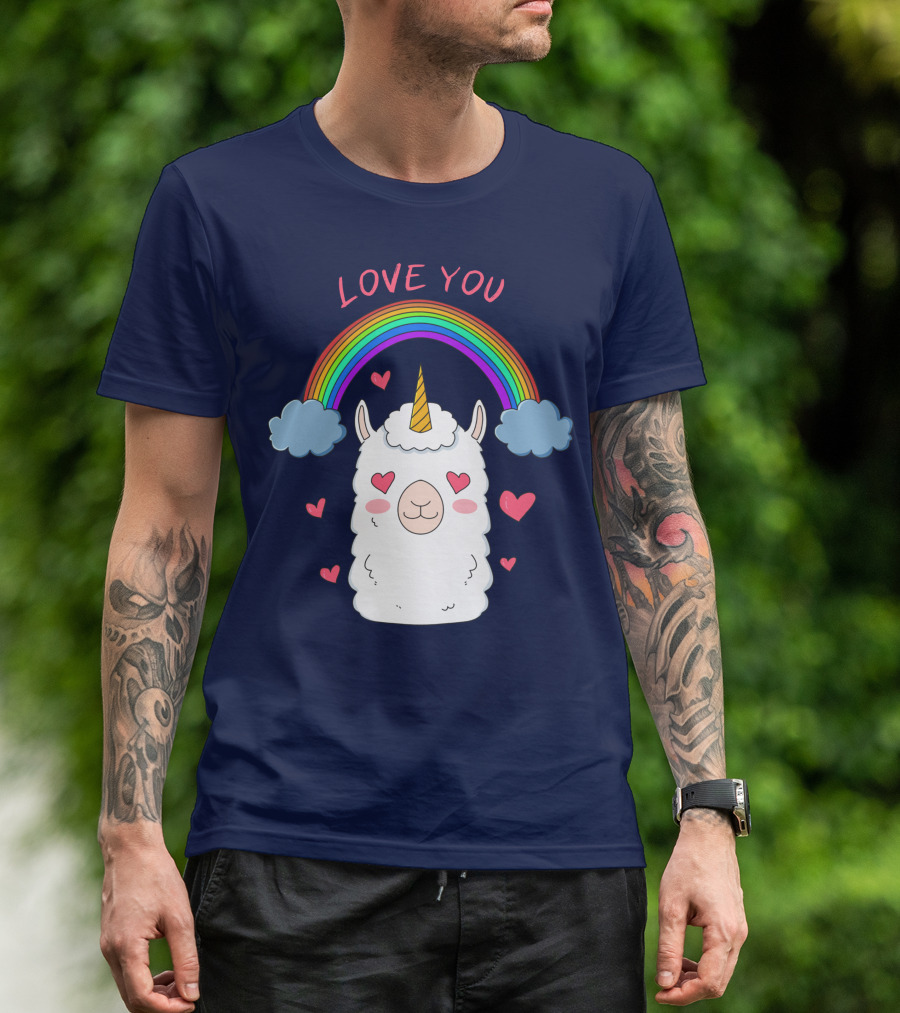 Love You Alpaca Unicorn Rainbow Cloud Hearts T-Shirt
