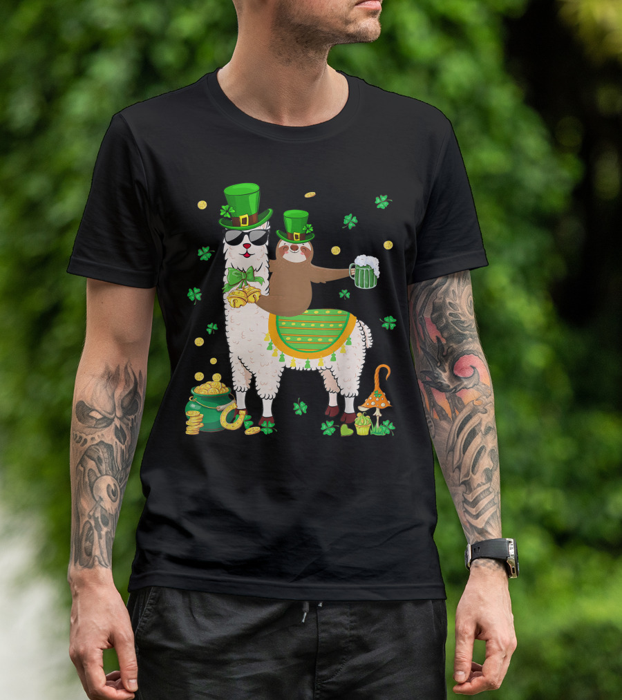 Lucky Shamrock Llama Sloth Lover Happy St Patrick's Day Coins Beer Hat T-Shirt