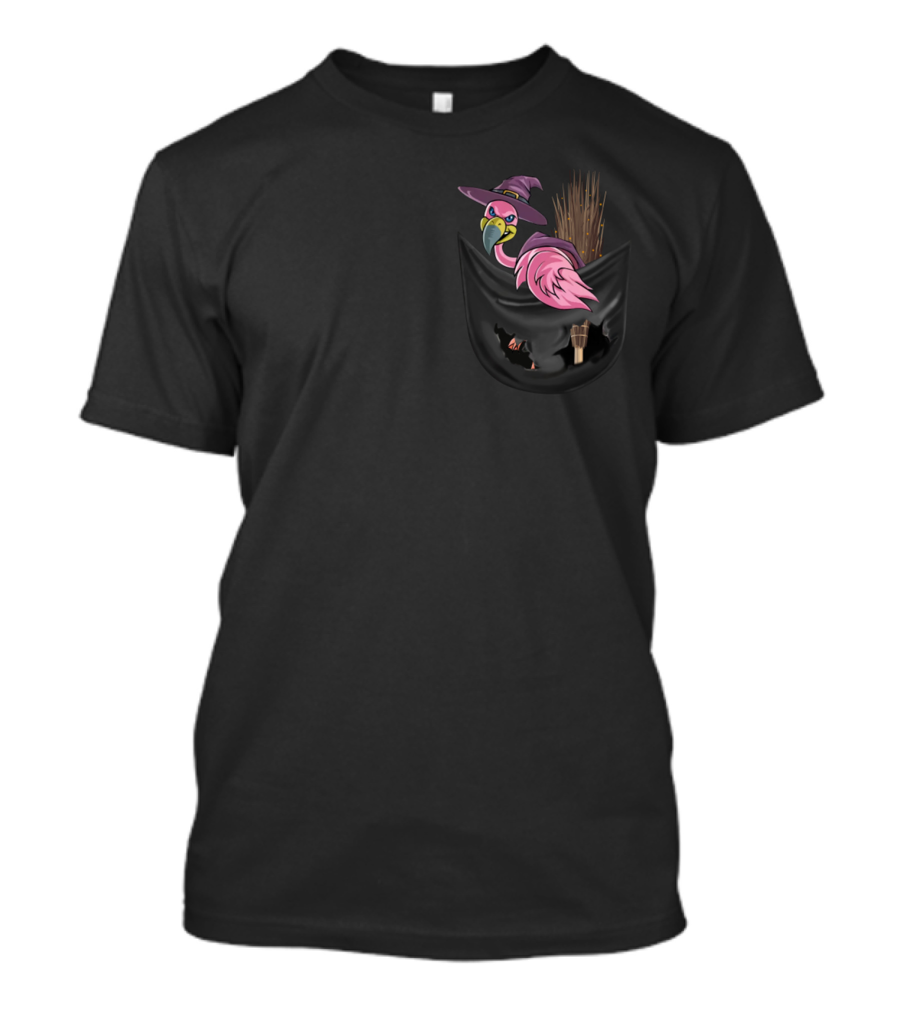 Flamingo In Witch Hat On Broomstick In Halloween Pocket T-Shirt