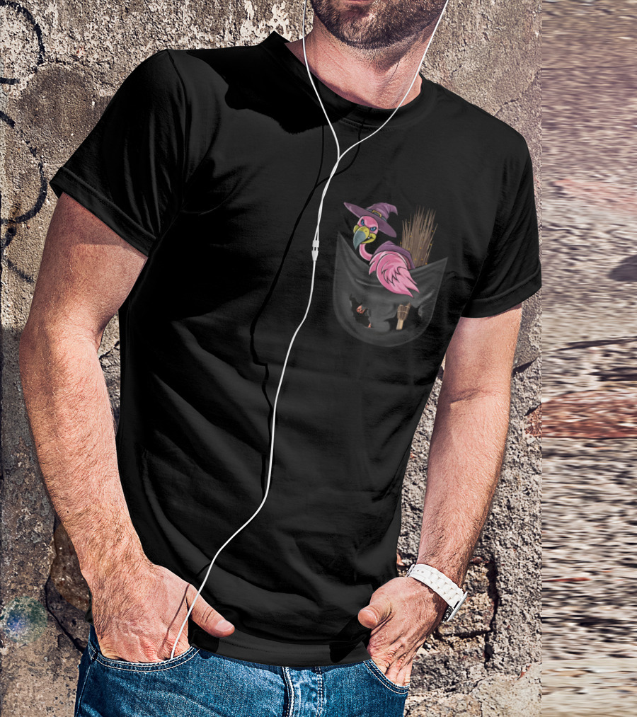 Flamingo In Witch Hat On Broomstick In Halloween Pocket T-Shirt