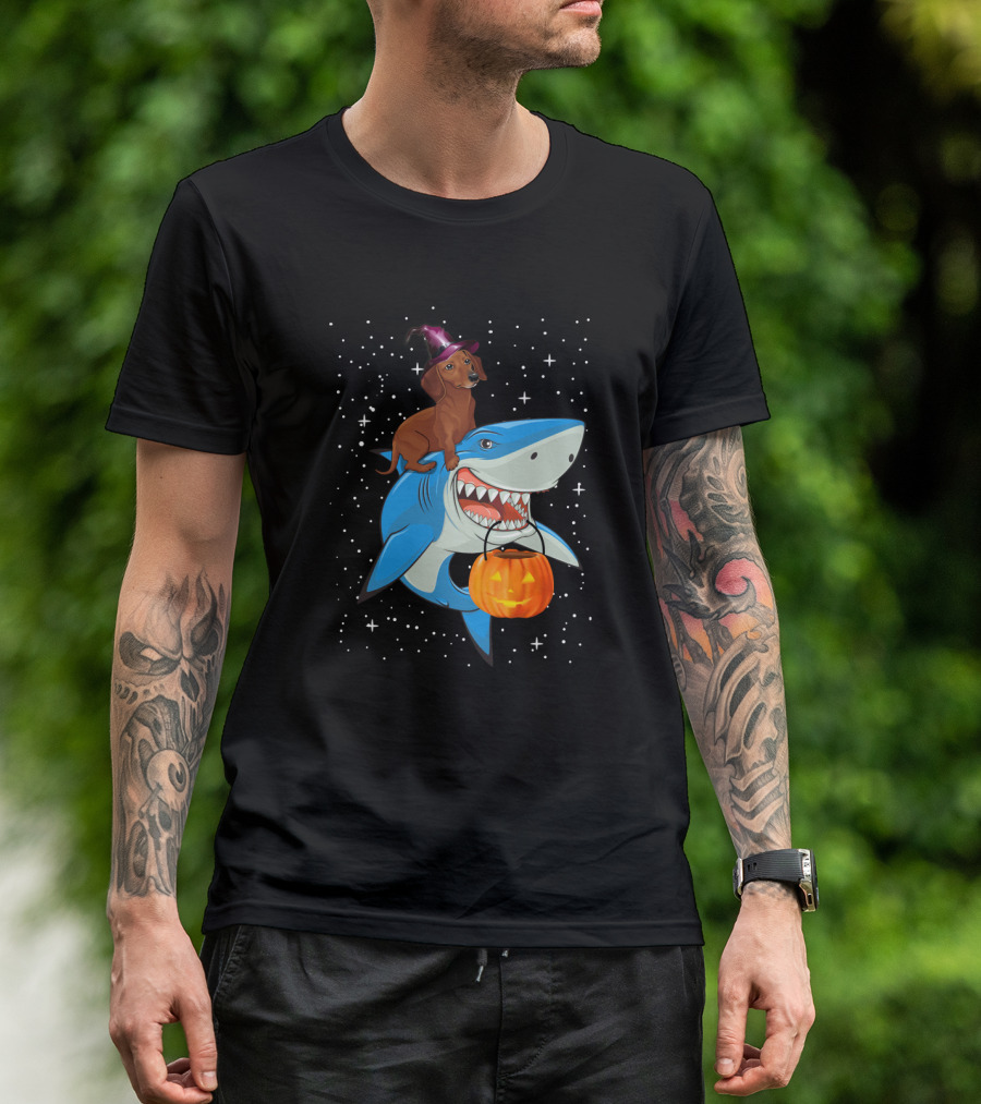 Dachshund Witch On Shark Carrying Jack-o'-Lantern In Starry Halloween Sky T-Shirt