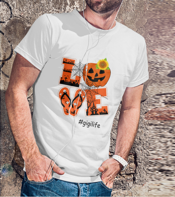 Love Pumpkin Halloween Theme #GigiLife With Spider Web And Sunflower T-Shirt