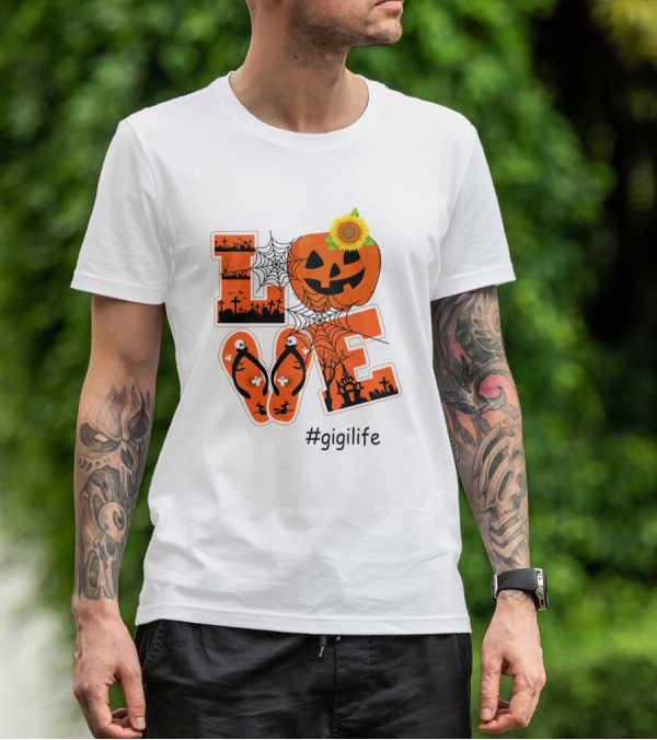 Love Pumpkin Halloween Theme #GigiLife With Spider Web And Sunflower T-Shirt