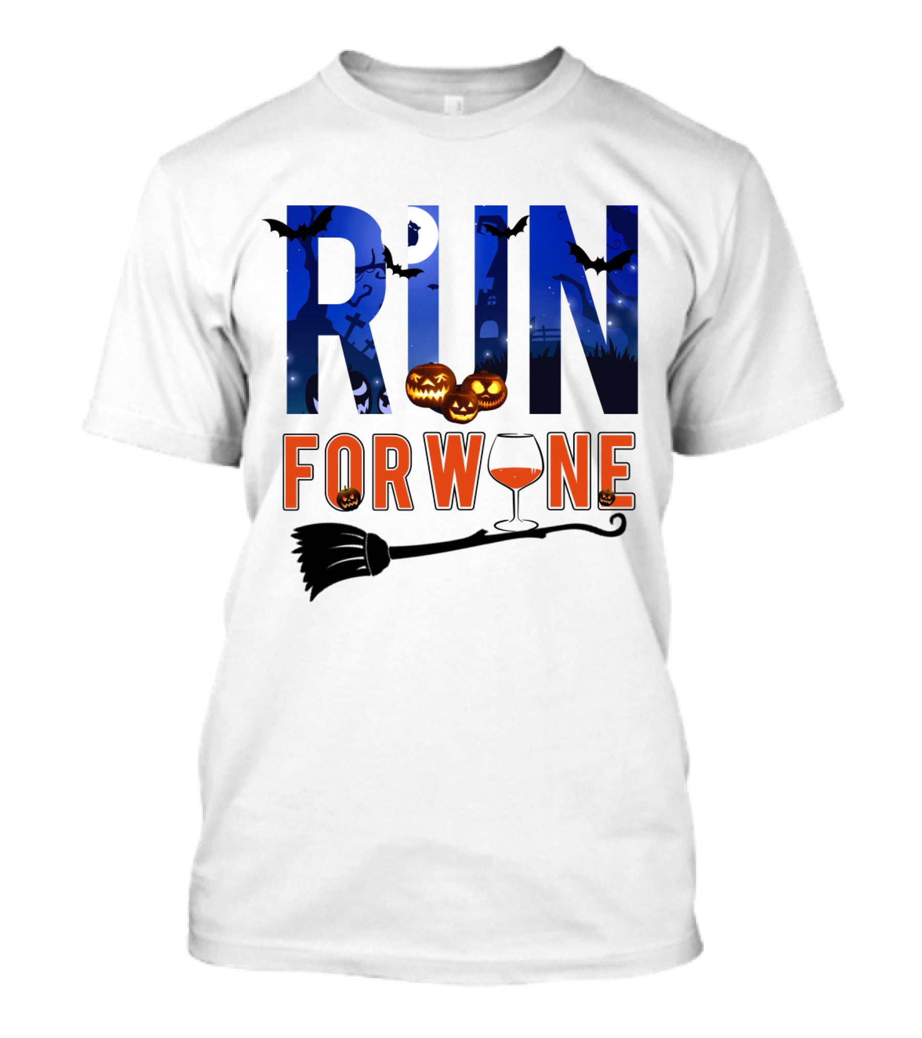 Halloween Run For Wine With Bats, Pumpkins, Witch's Broom, And Wine Glass T-Shirt