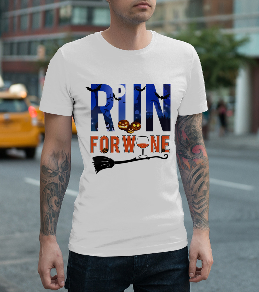 Halloween Run for Wine with Bats, Pumpkins, Witch's Broom, and Wine Glass T-Shirt