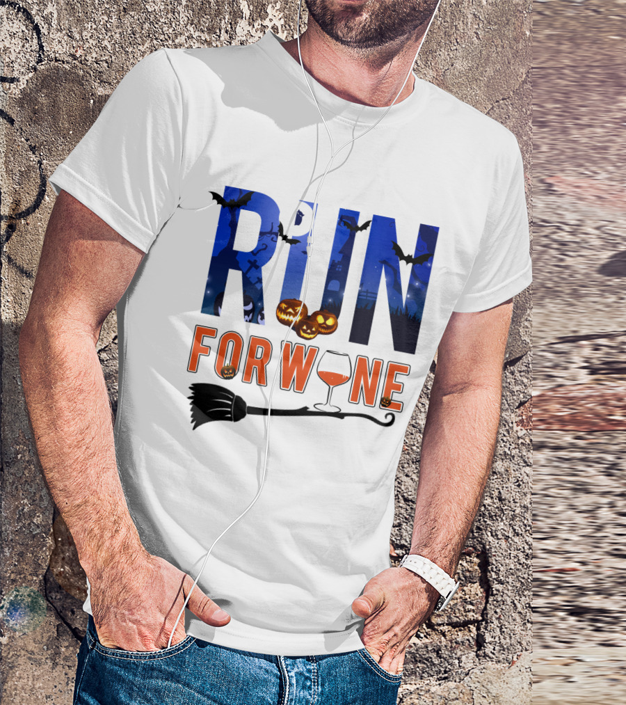 Halloween Run For Wine With Bats, Pumpkins, Witch's Broom, And Wine Glass T-Shirt