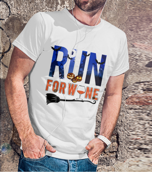 Halloween Run For Wine With Bats, Pumpkins, Witch's Broom, And Wine Glass T-Shirt