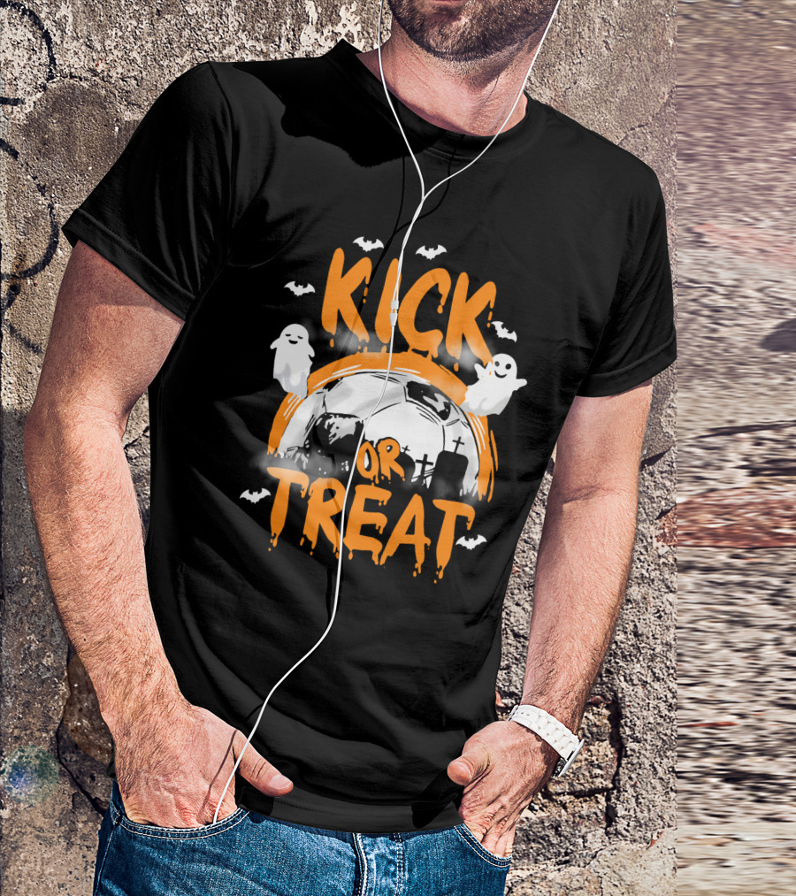 Kick Or Treat Halloween Soccer Theme Ghosts And Bats T-Shirt