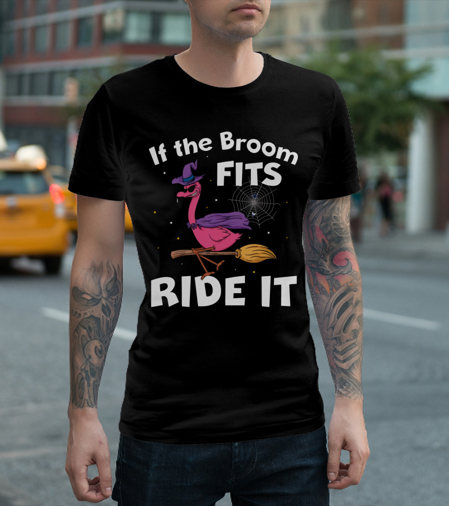 If The Broom Fits Ride It Flamingo Witch Hat Broomstick Halloween T-Shirt