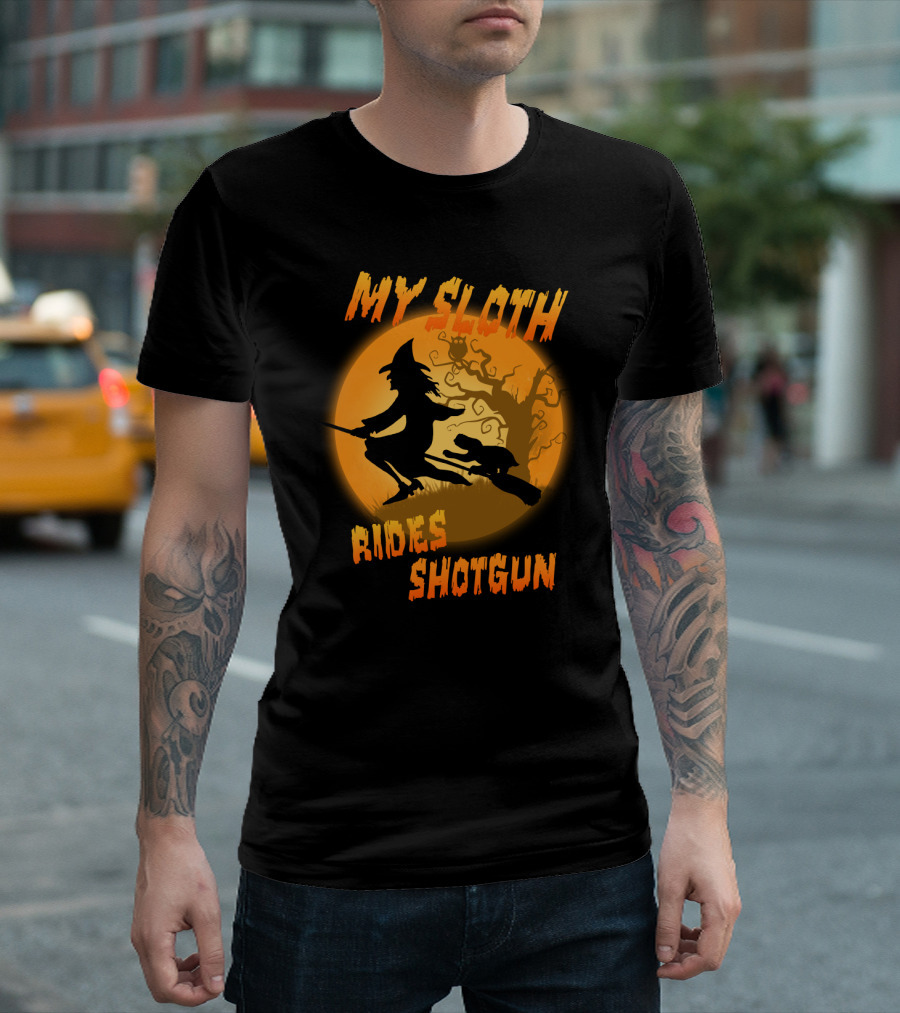 My Sloth Rides Shotgun Witch And Sloth Flying On Broomstick Full Moon T-Shirt