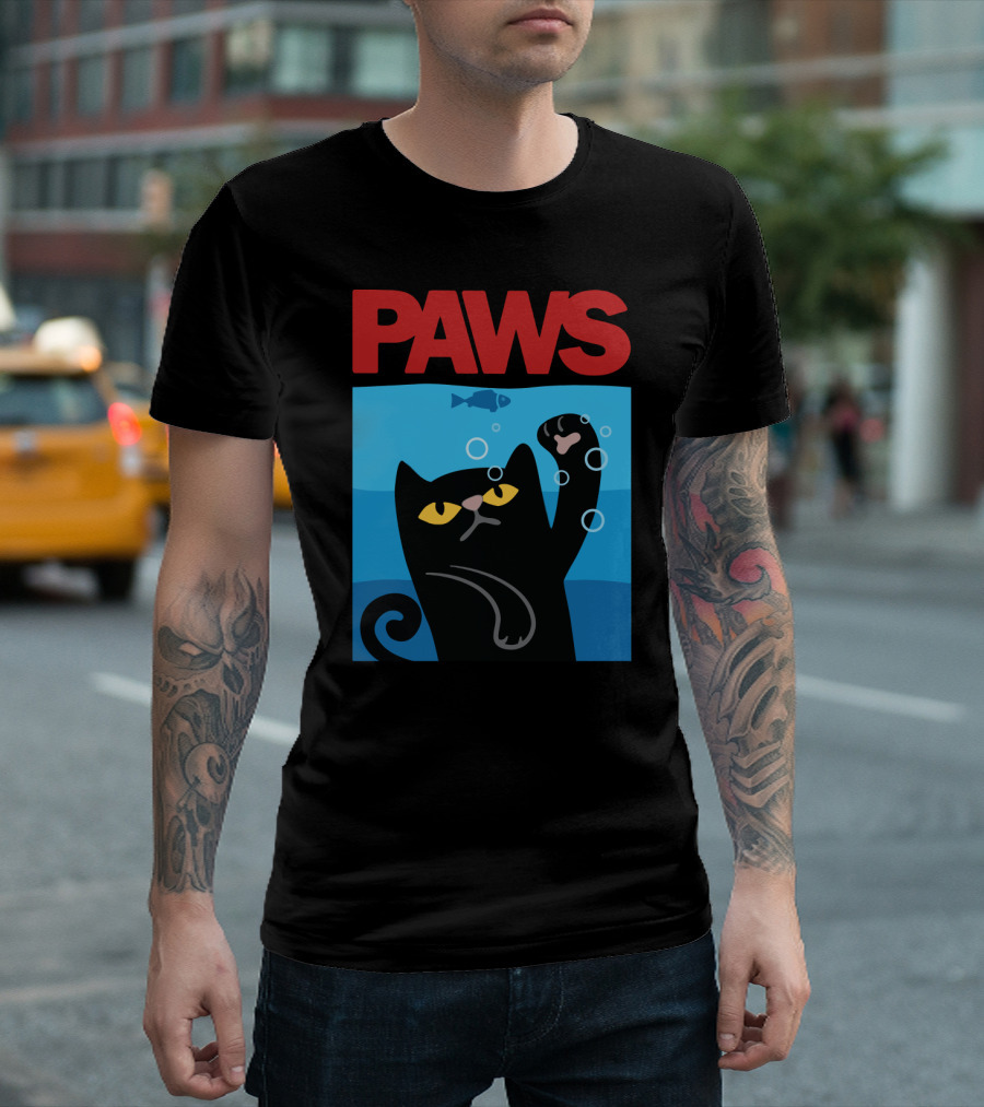 PAWS Jaws Parody Black Cat with Fish in Water T-Shirt