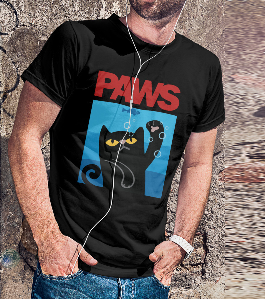 PAWS Jaws Parody Black Cat With Fish In Water T-Shirt
