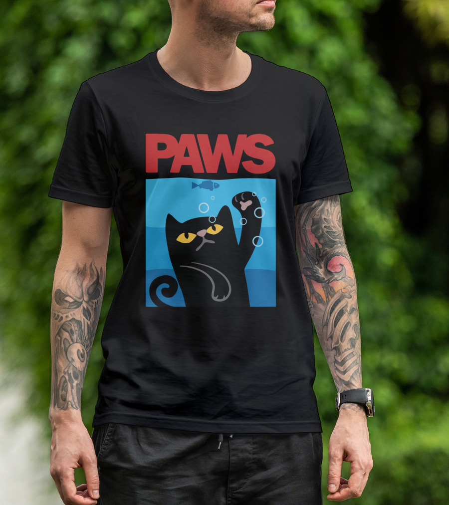 PAWS Jaws Parody Black Cat With Fish In Water T-Shirt