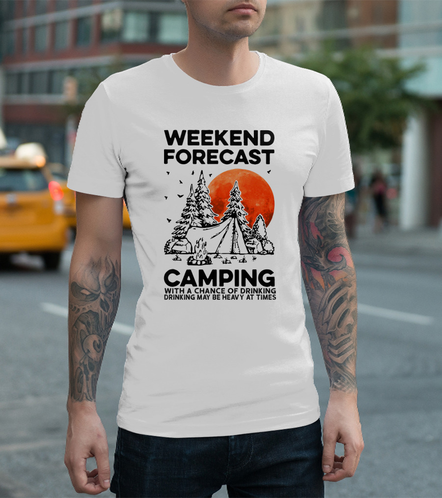 Weekend Forecast Camping With A Chance Of Drinking Drinking May Be Heavy At Times Vibrant Red Moon Forest Nighttime Scene T-Shirt