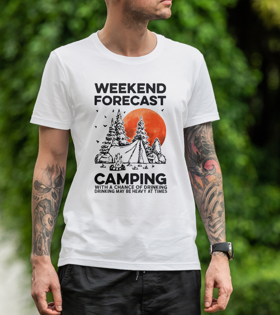 Weekend Forecast Camping With A Chance Of Drinking Drinking May Be Heavy At Times Vibrant Red Moon Forest Nighttime Scene T-Shirt