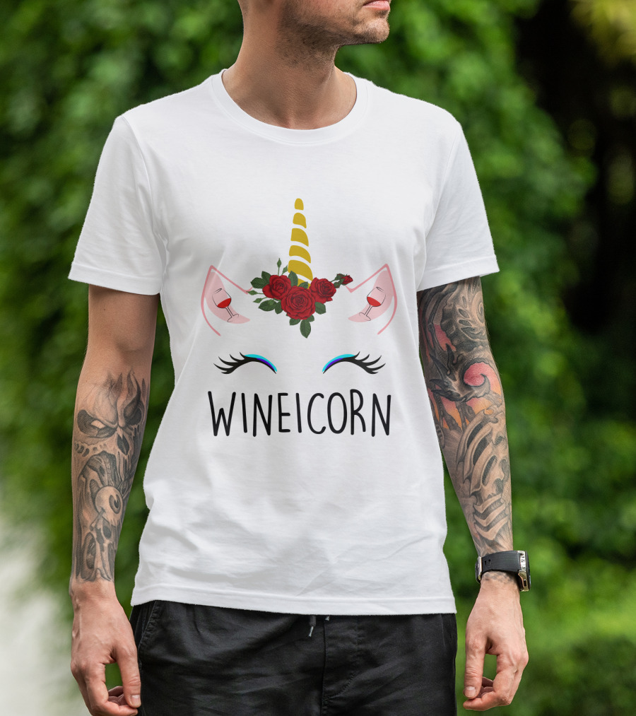 Wineicorn Unicorn With Wine Glass Rose Crown T-Shirt