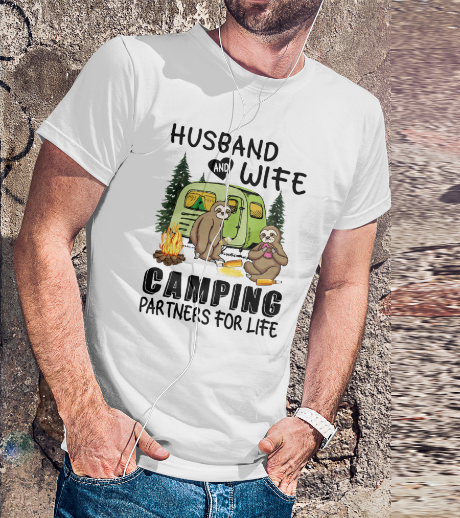 Sloth Lovers Husband And Wife Camping Partners For Life With Campfire Scene T-Shirt