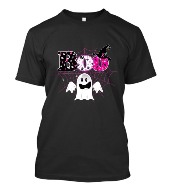Boo Breast Cancer Awareness Halloween Ghost With Pink Ribbons And Witch Hat T-Shirt