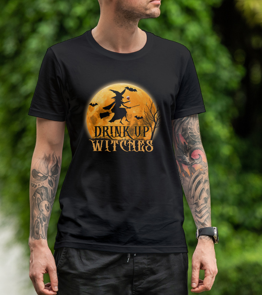 Drink Up Witches Wine Halloween Moon Bats Broomstick T-Shirt