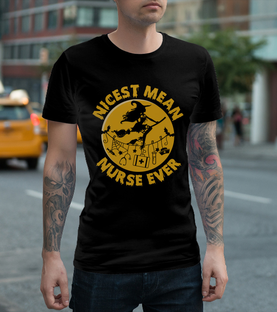 Nicest Mean Nurse Ever Witch Theme with Medical and Halloween Elements T-Shirt
