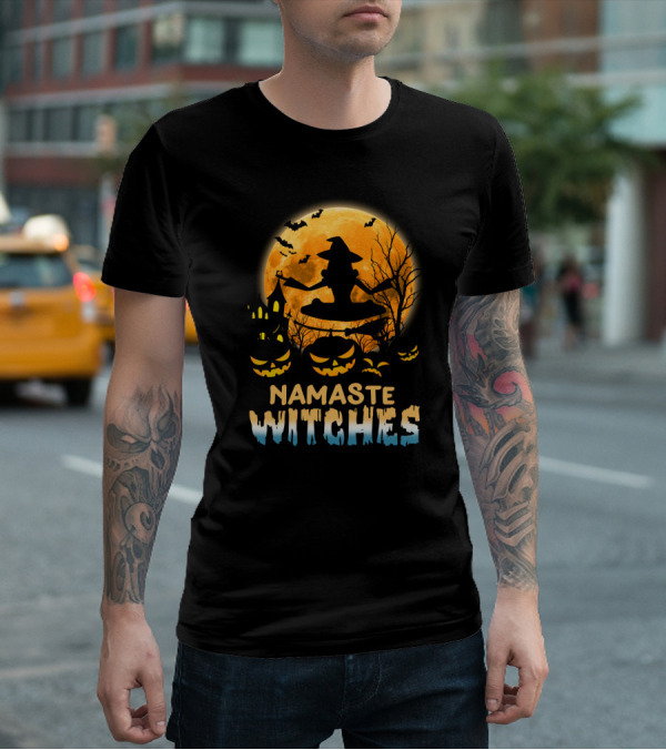 Namaste Witches Yoga Halloween Moon And Pumpkins T-Shirt
