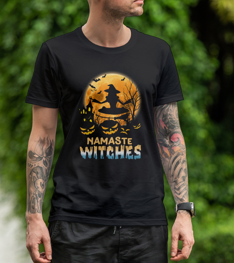 Namaste Witches Yoga Halloween Moon And Pumpkins T-Shirt