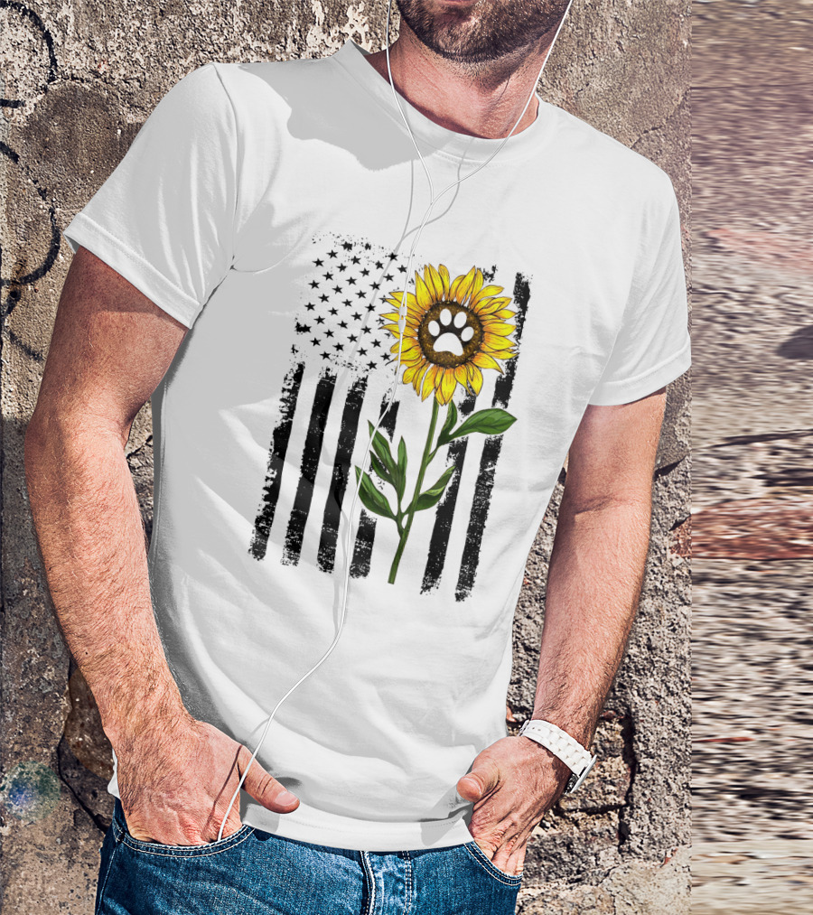 Sunflower Dog Paw Over American Flag Background T-Shirt
