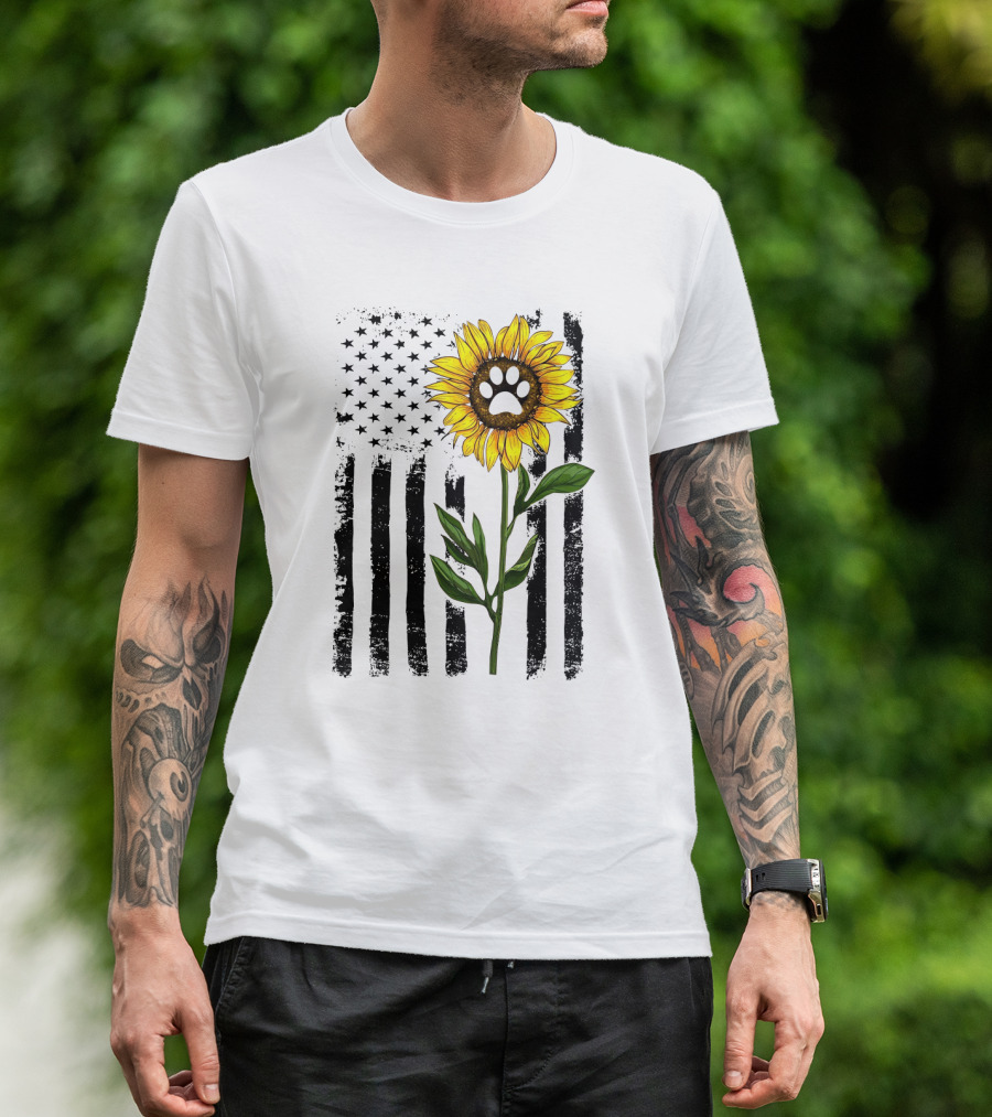Sunflower Dog Paw Over American Flag Background T-Shirt