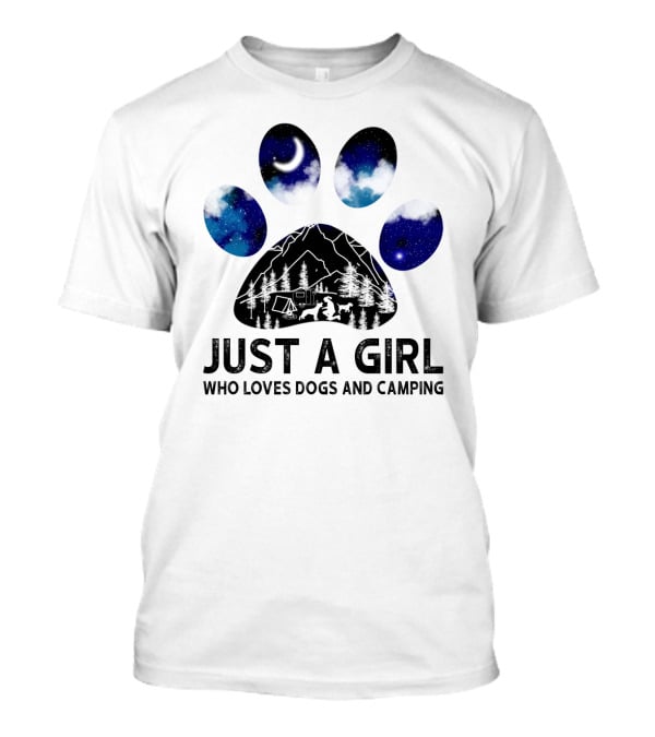 Just A Girl Who Loves Dogs And Camping Under Starry Night With Tent And Campfire T-Shirt