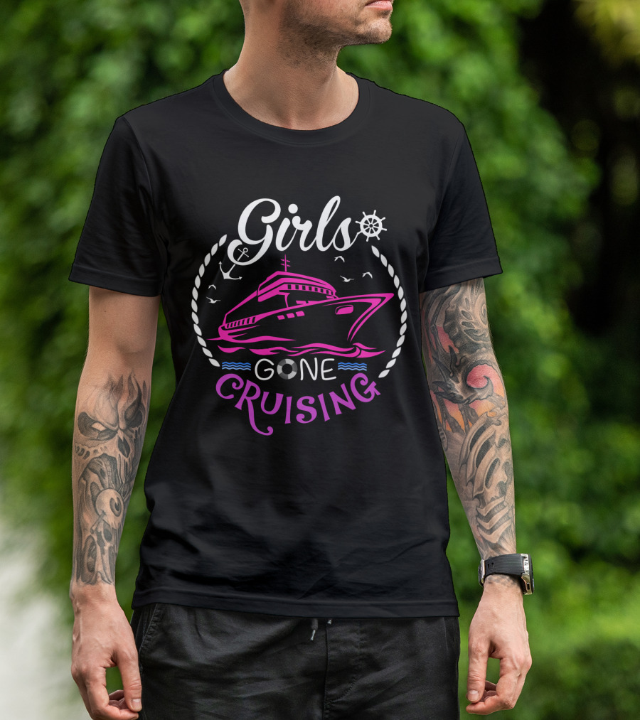 Girls Gone Cruising Ship Anchor Wheel Rope Seagulls Waves T-Shirt