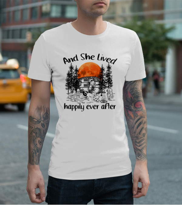 And She Lived Happily Ever After Camping Adventure With Orange Moon And Campfire Scene T-Shirt