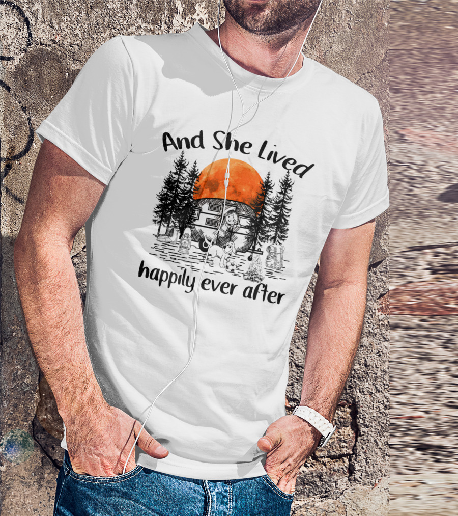 And She Lived Happily Ever After Camping Adventure With Orange Moon And Campfire Scene T-Shirt