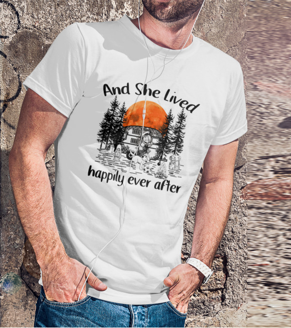 And She Lived Happily Ever After Camping Adventure With Orange Moon And Campfire Scene T-Shirt