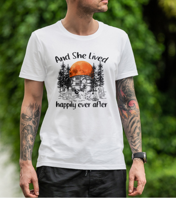 And She Lived Happily Ever After Camping Adventure With Orange Moon And Campfire Scene T-Shirt