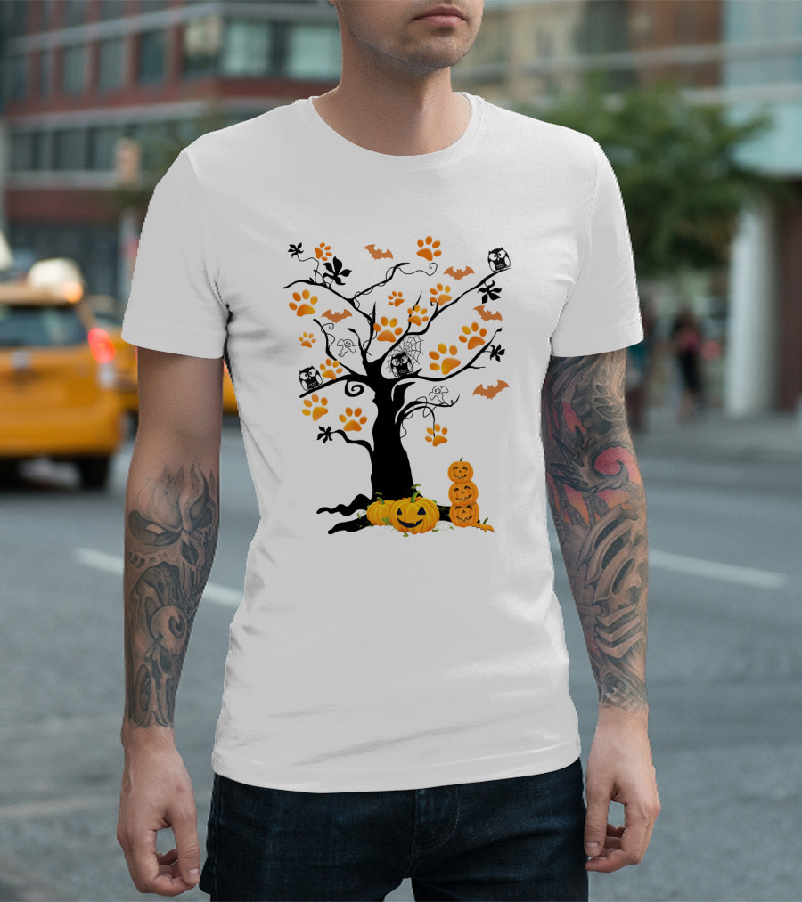 Dog Paw Tree Halloween Pumpkins Bats Owls Ghosts T-Shirt