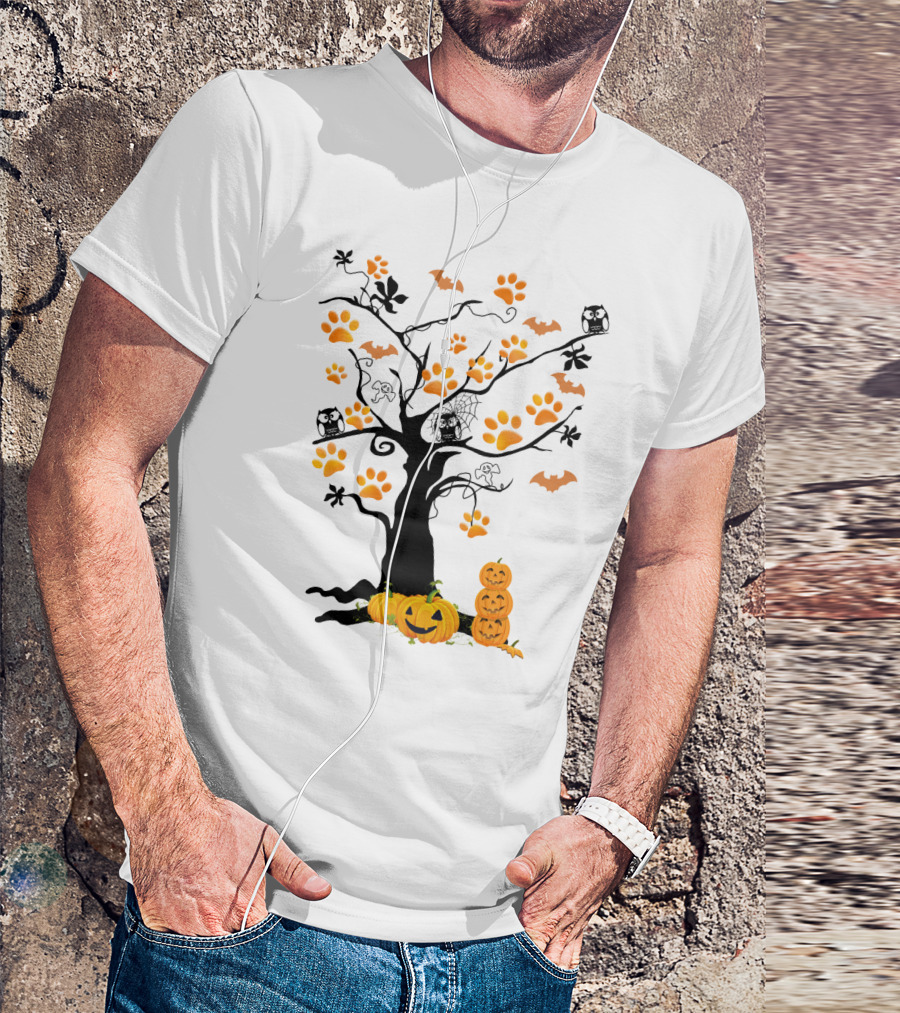Dog Paw Tree Halloween Pumpkins Bats Owls Ghosts T-Shirt