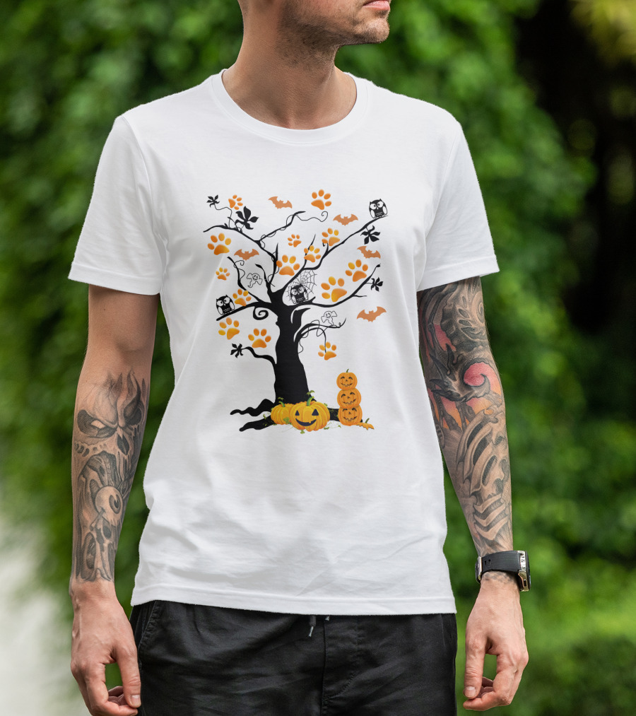 Dog Paw Tree Halloween Pumpkins Bats Owls Ghosts T-Shirt