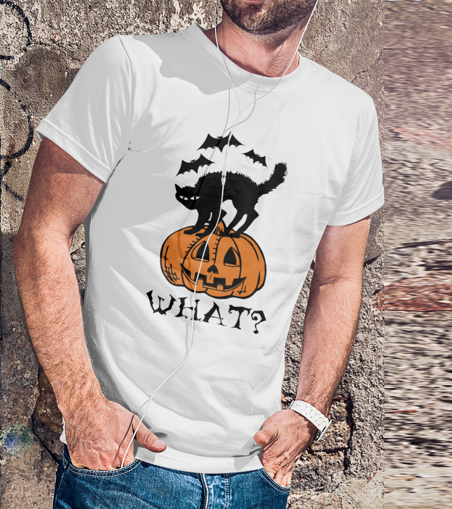 WHAT Black Cat Halloween Pumpkin Bats T-Shirt