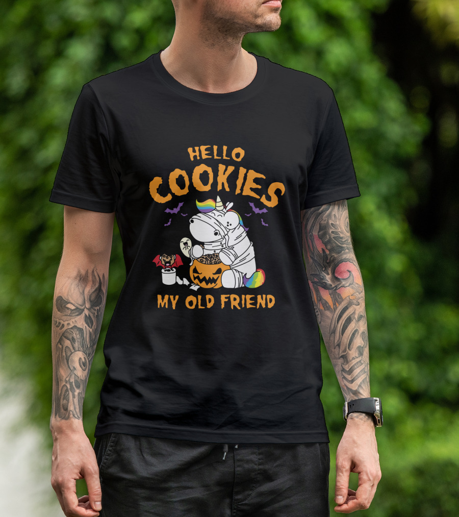 Hello Cookies My Old Friend Unicorn Halloween Rainbow Bats T-Shirt