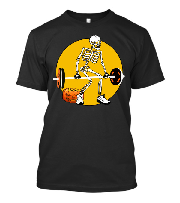 Skeleton Lifting Barbell With Pumpkin Halloween T-Shirt