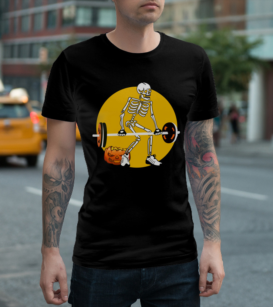 Skeleton Lifting Barbell With Pumpkin Halloween T-Shirt