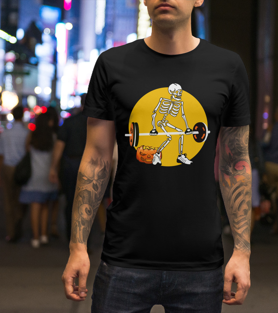 Skeleton Lifting Barbell With Pumpkin Halloween T-Shirt