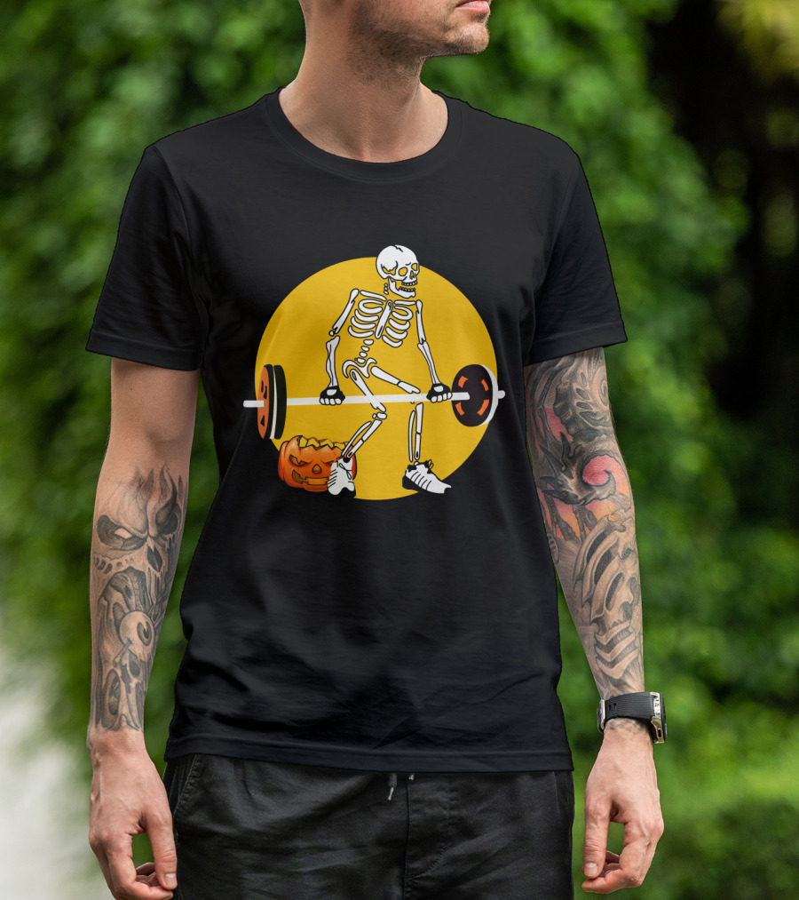 Skeleton Lifting Barbell With Pumpkin Halloween T-Shirt