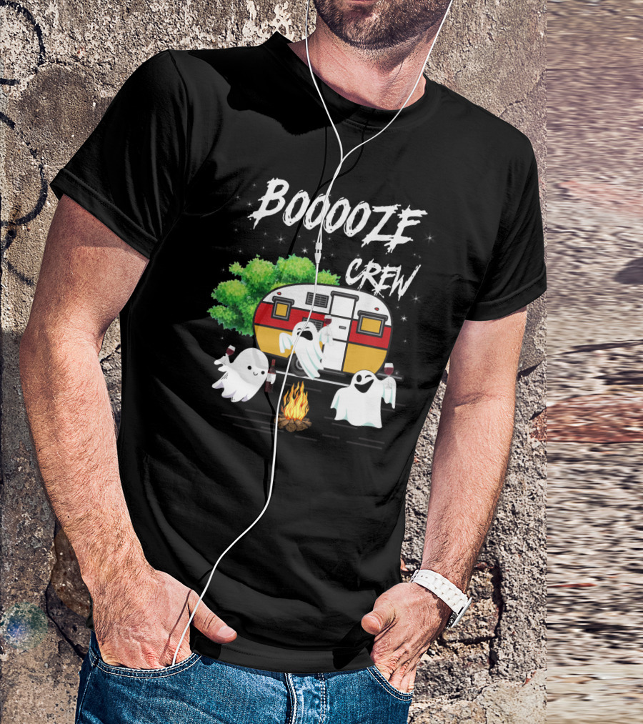 Booooze Crew Ghost Camping With Campfire Caravan And Wine Glasses T-Shirt