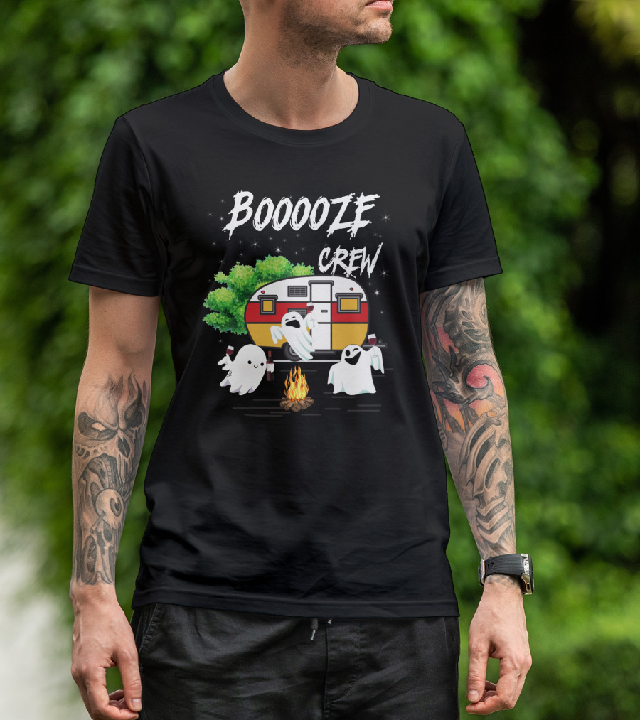 Booooze Crew Ghost Camping With Campfire Caravan And Wine Glasses T-Shirt